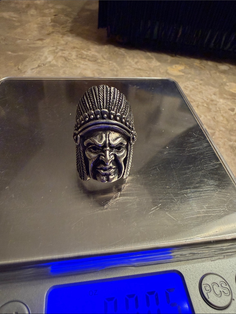 Vintage sterling silver native American chief face ring with hematite eyes